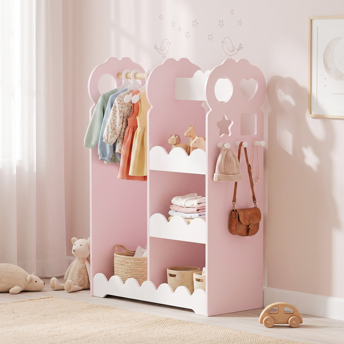 AIYAPLAY Kids Pink Wardrobe With Mirror Clothes Rail And Storage Shelves