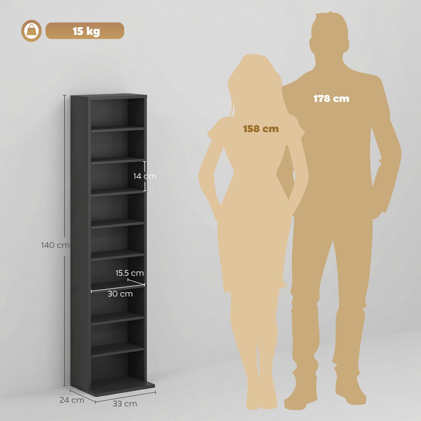 HOMCOM 260 Narrow CD Storage Unit Black With Six Adjustable Shelves Holds 260 CDs or 120 DVDs