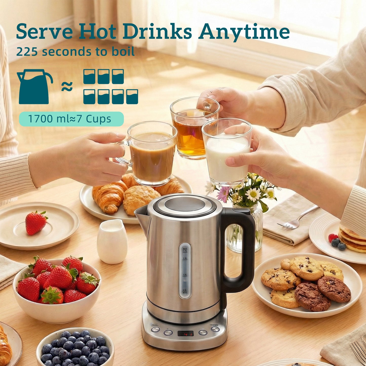 HOMCOM Electric Kettle 1.7L 3000W Fast Boil With UK Strix Thermostat Keep Warm Function LCD Base Silver Tone