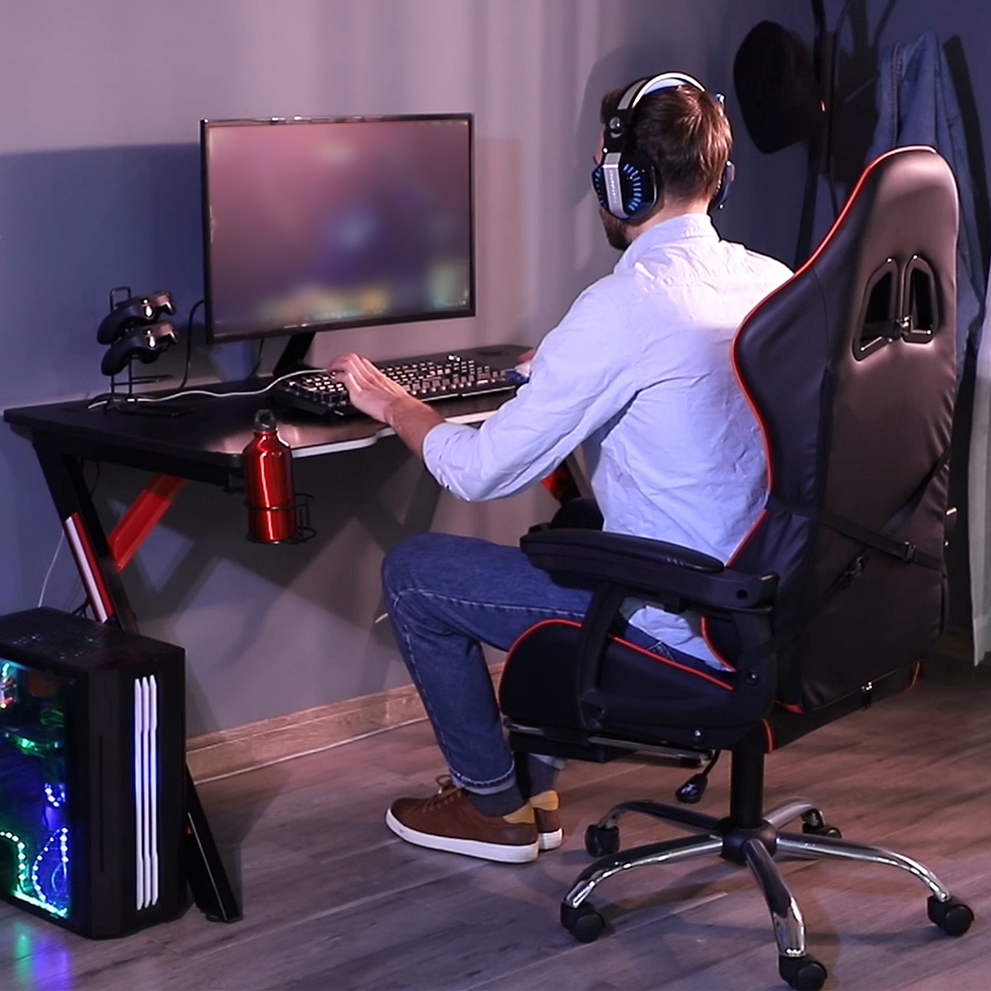 HOMCOM RGB Illuminated Gaming Desk - 1.2m Racing Style Computer Table with Cup Holder and Headphone Hook - Black Steel Frame - ALL4U RETAILER LTD