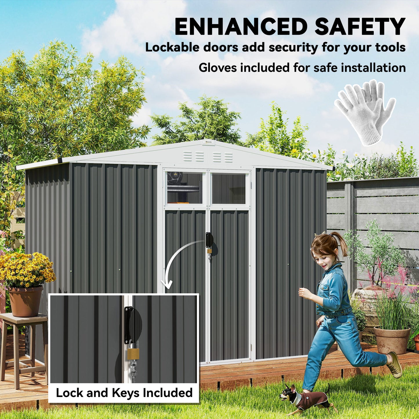 Outsunny 8x4 Ft Metal Garden Shed With Lockable Door Window And Four Vents Waterproof Galvanised Steel Dark Grey