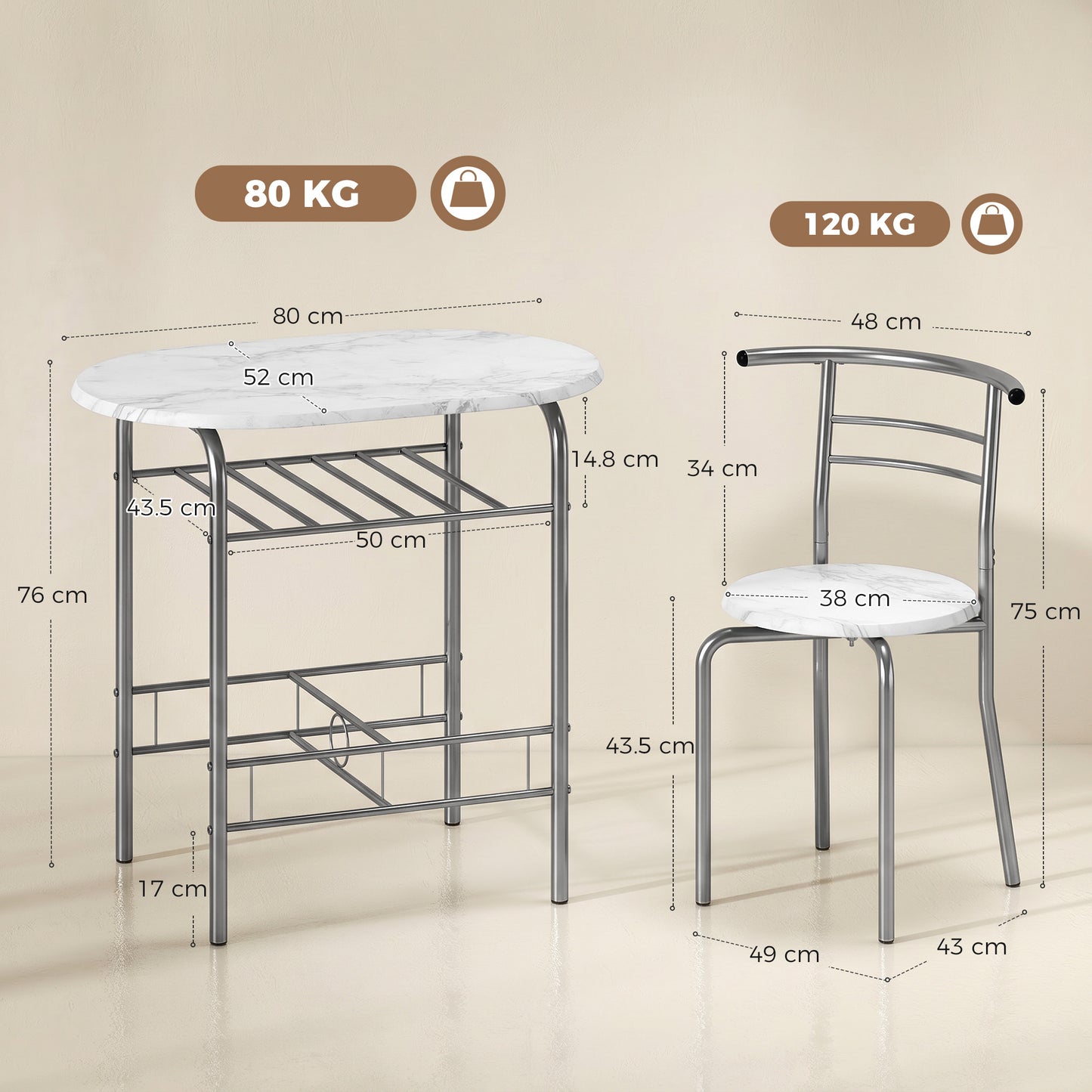 HOMCOM White Marble Effect Three Piece Compact Dining Set With Two Chairs And Table Shelf