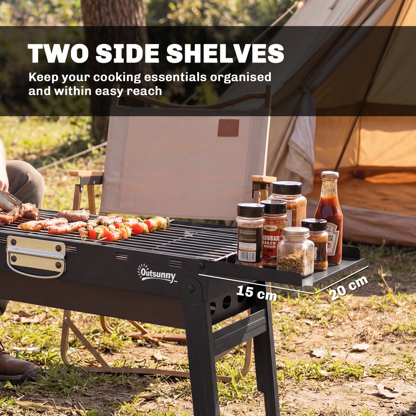 Outsunny Portable Charcoal BBQ Grill Foldable For Camping And Picnics With Two Side Shelves And Handle Black