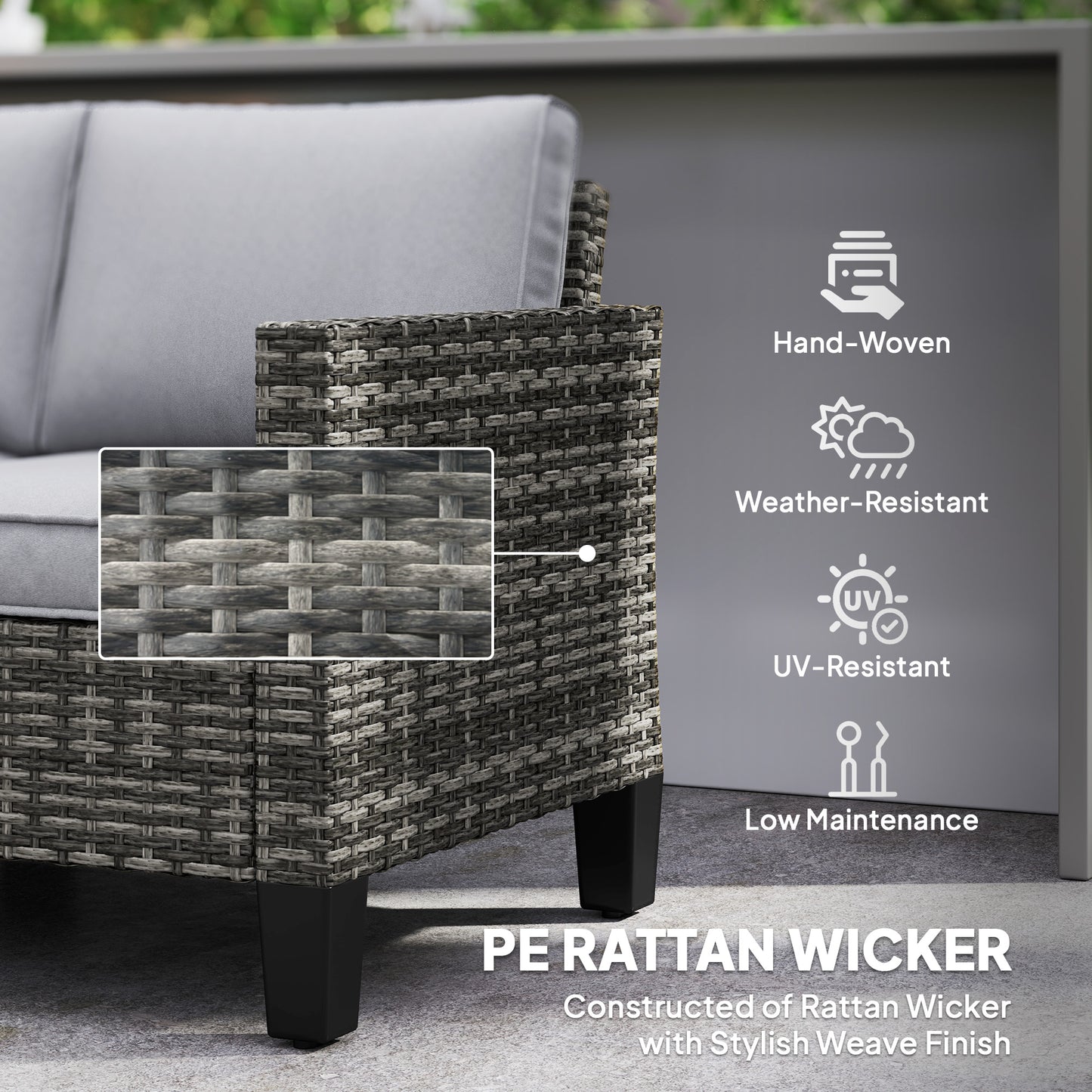 Outsunny Two Seater Rattan Outdoor Sofa Dark Grey With Thick Cushions And Adjustable Feet