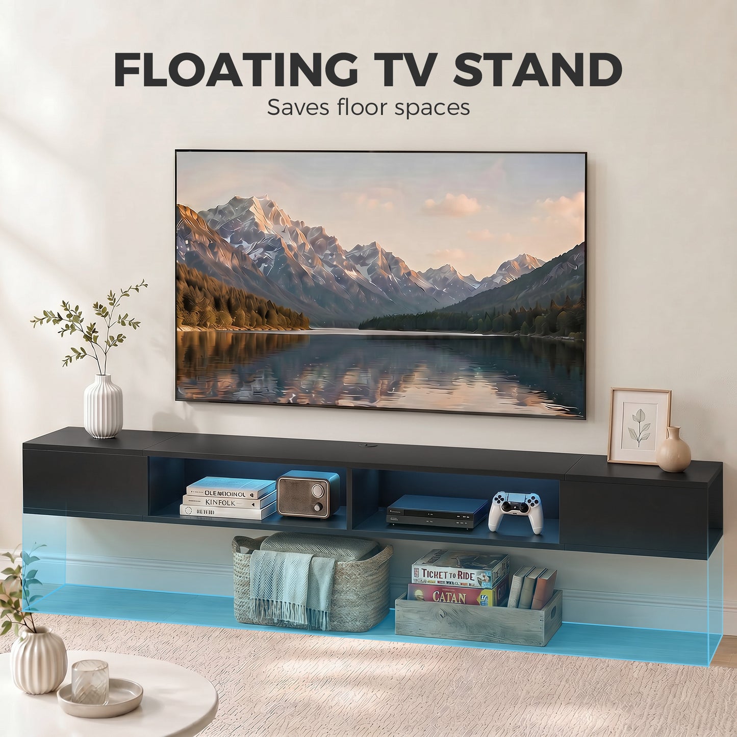 HOMCOM Wall Mounted TV Stand With RGB LED Lights For 75 Inch TV Black Floating Entertainment Centre