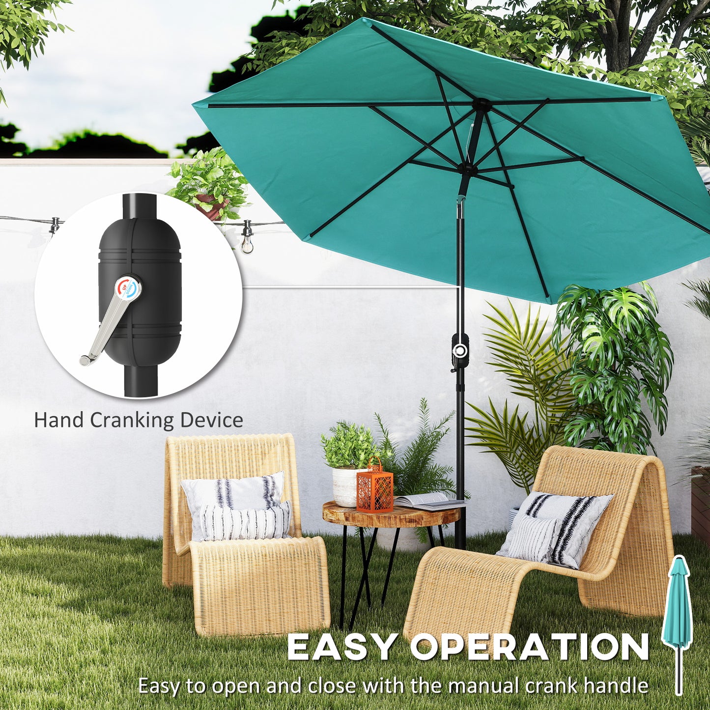 Outsunny 2.6 m Garden Parasol Umbrella With Aluminium Pole Outdoor Patio Umbrella With Tilt And Crank Vent Turquoise