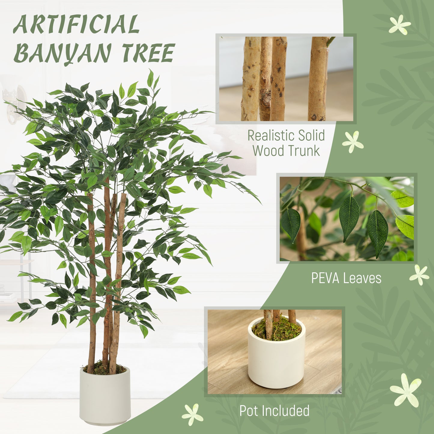 HOMCOM 120cm Artificial Ficus Tree With Solid Wood Trunk And Potted White Pot For Indoor Use Real Touch PEVA Leaves Green