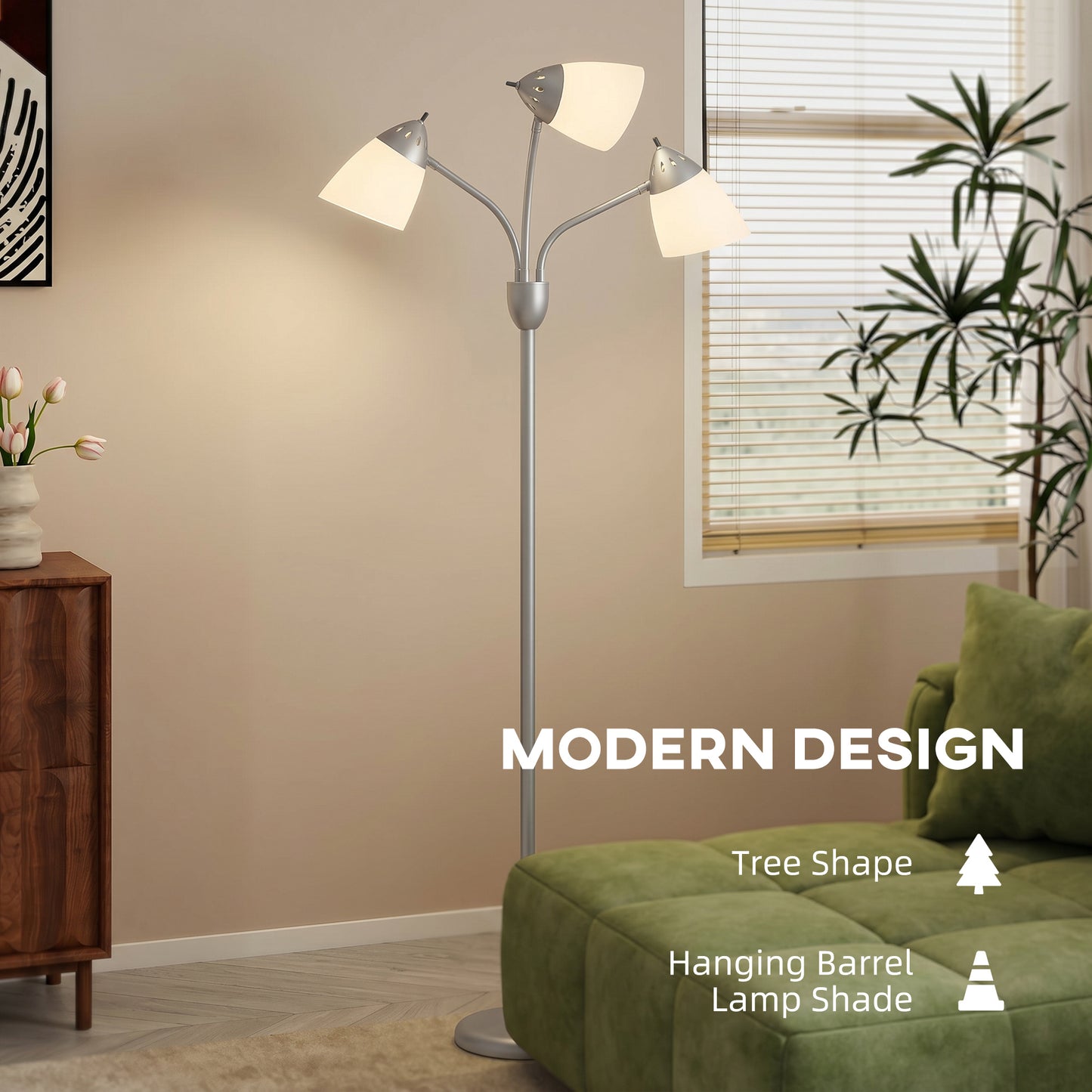 HOMCOM Arc Tree Floor Lamp With Three Adjustable Rotating Lights And Color Temperatures 3000K 4500K 6500K Silver Tone