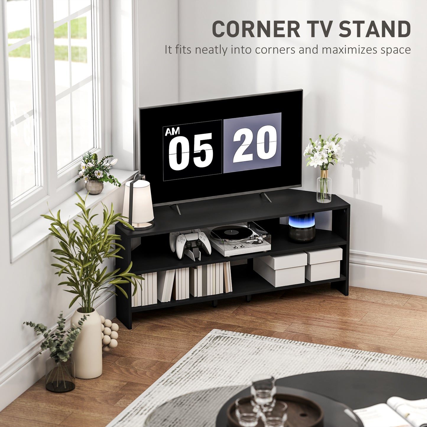 HOMCOM Corner TV Stand For 47 Inch TVs With Two Open Shelves Black Finish For Living Room