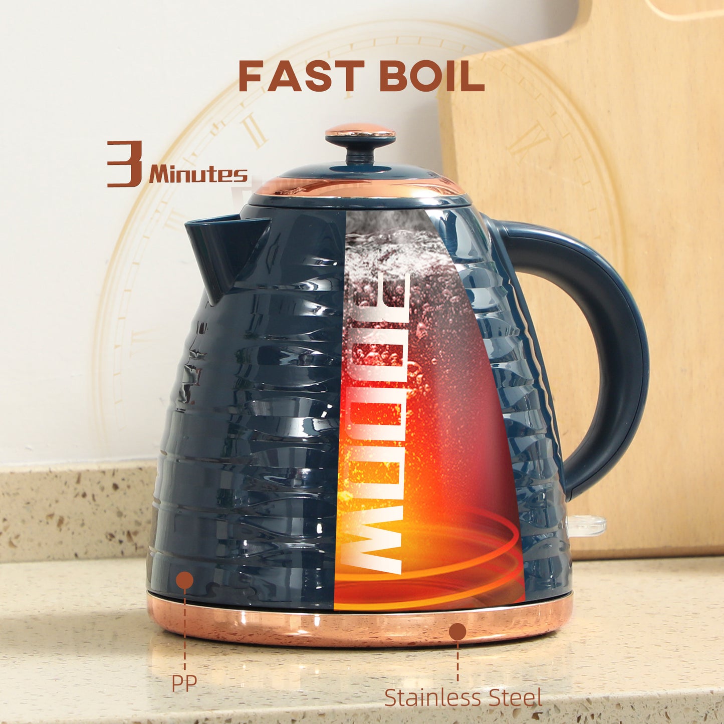 HOMCOM 3kW Rapid Boil Honeycomb Kettle Dark Blue Electric Tea and Coffee Maker for Fast Boiling Water