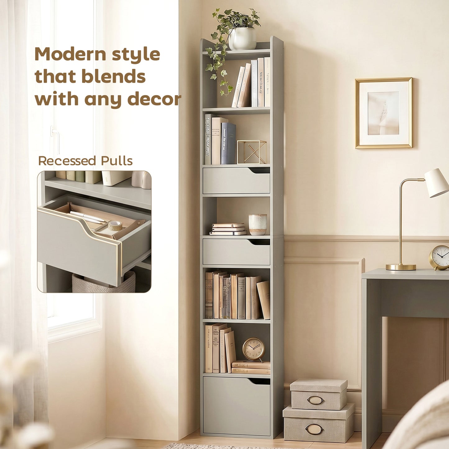 HOMCOM Tall Narrow Bookcase With 5 Tiers And Drawers Freestanding Storage Cabinet For Living Room Grey