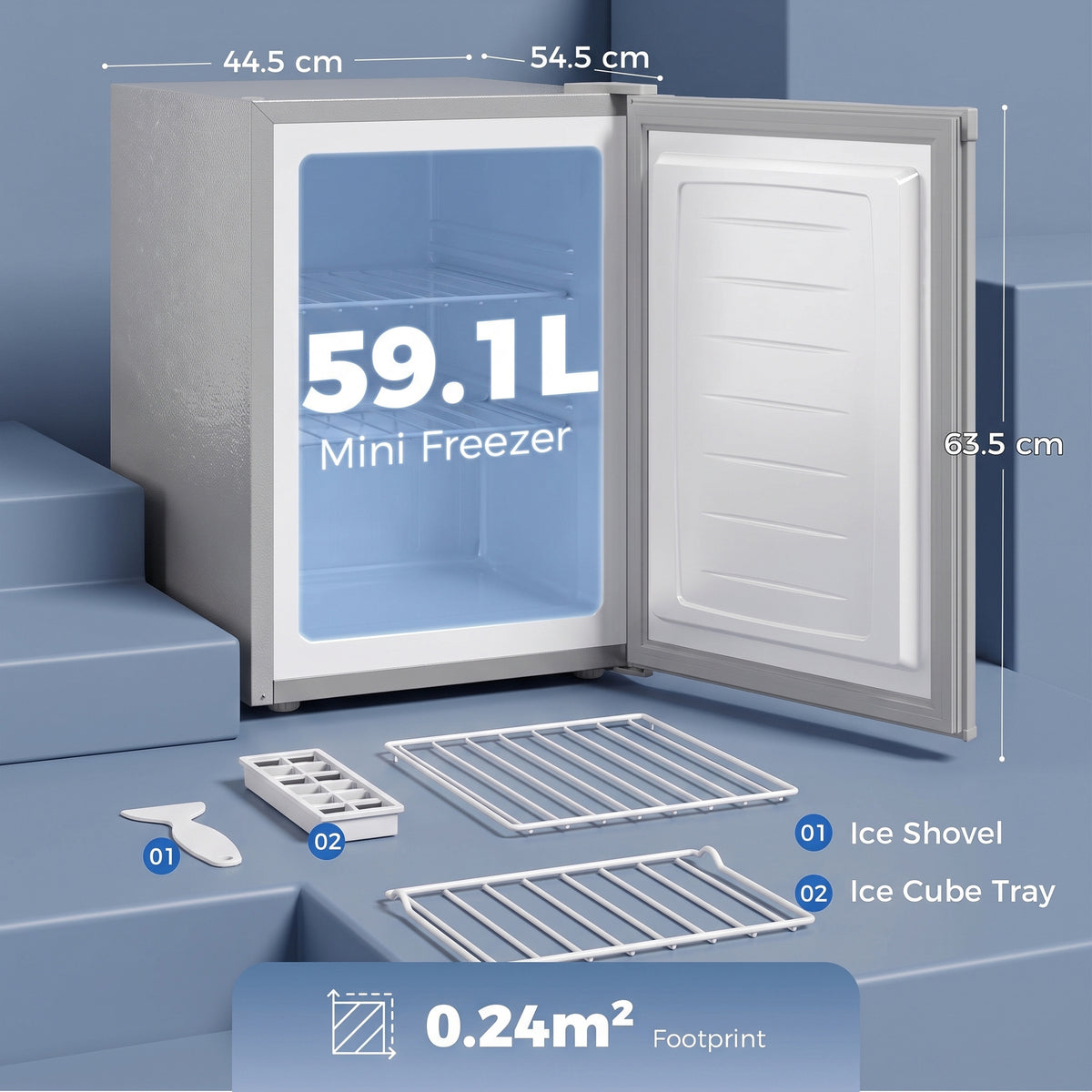 Grey 60L mini freezer with open door and ice shovel and cube tray
