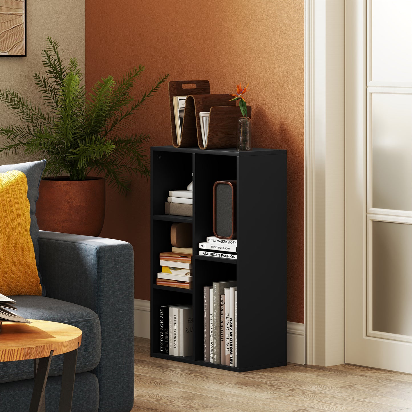 HOMCOM Two Tier Bookshelf With Five Open Storage Cubes Black Finish Modern Compact Floor Standing Unit