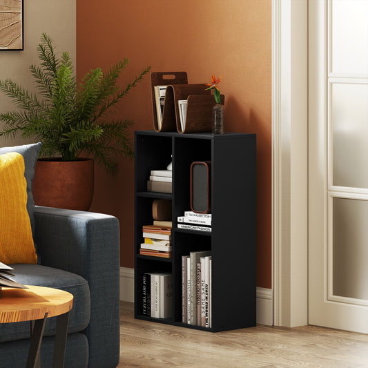 HOMCOM Two Tier Bookshelf With Five Open Storage Cubes Black Finish Modern Compact Floor Standing Unit
