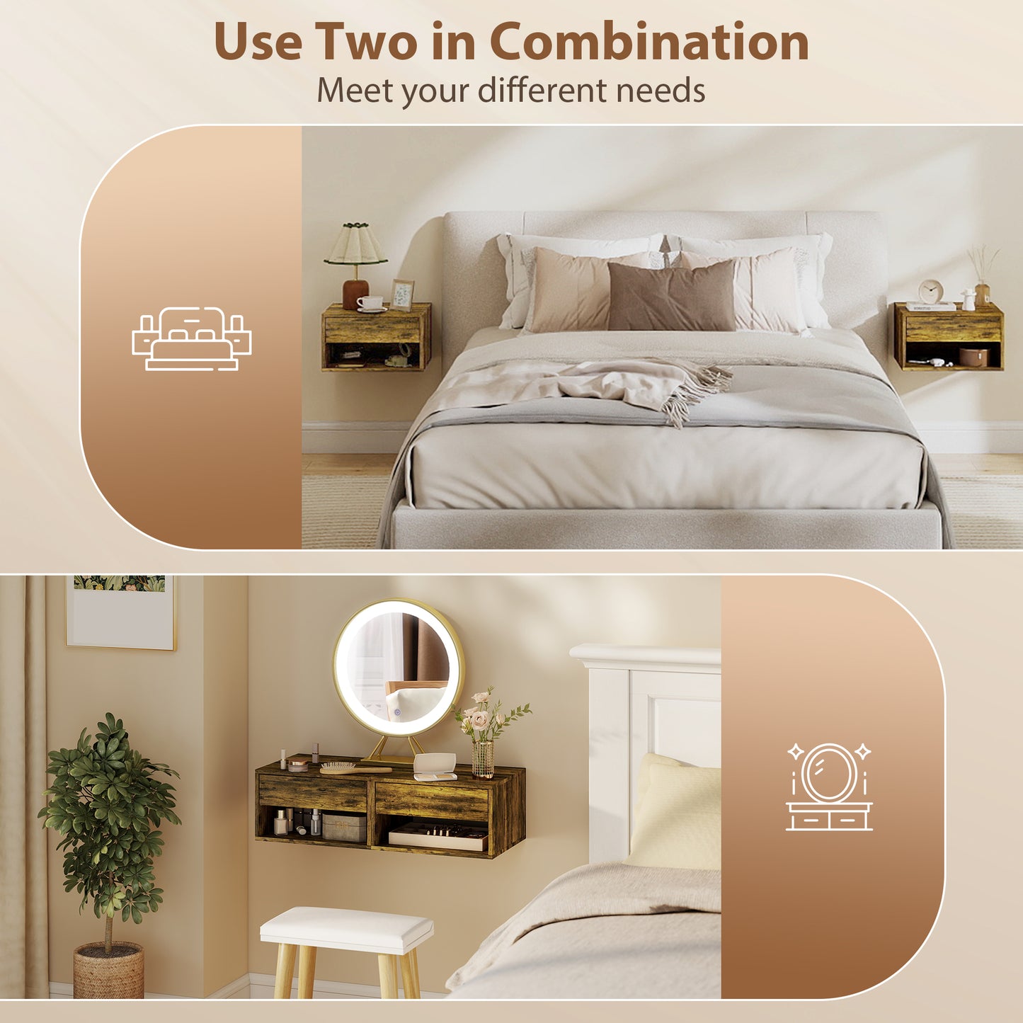 HOMCOM Set Of Two Rustic Brown Floating Bedside Tables With Drawer