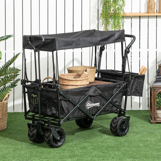 Outsunny Outdoor Push Pull Wagon Stroller Cart w/ Canopy Top Black - ALL4U RETAILER LTD