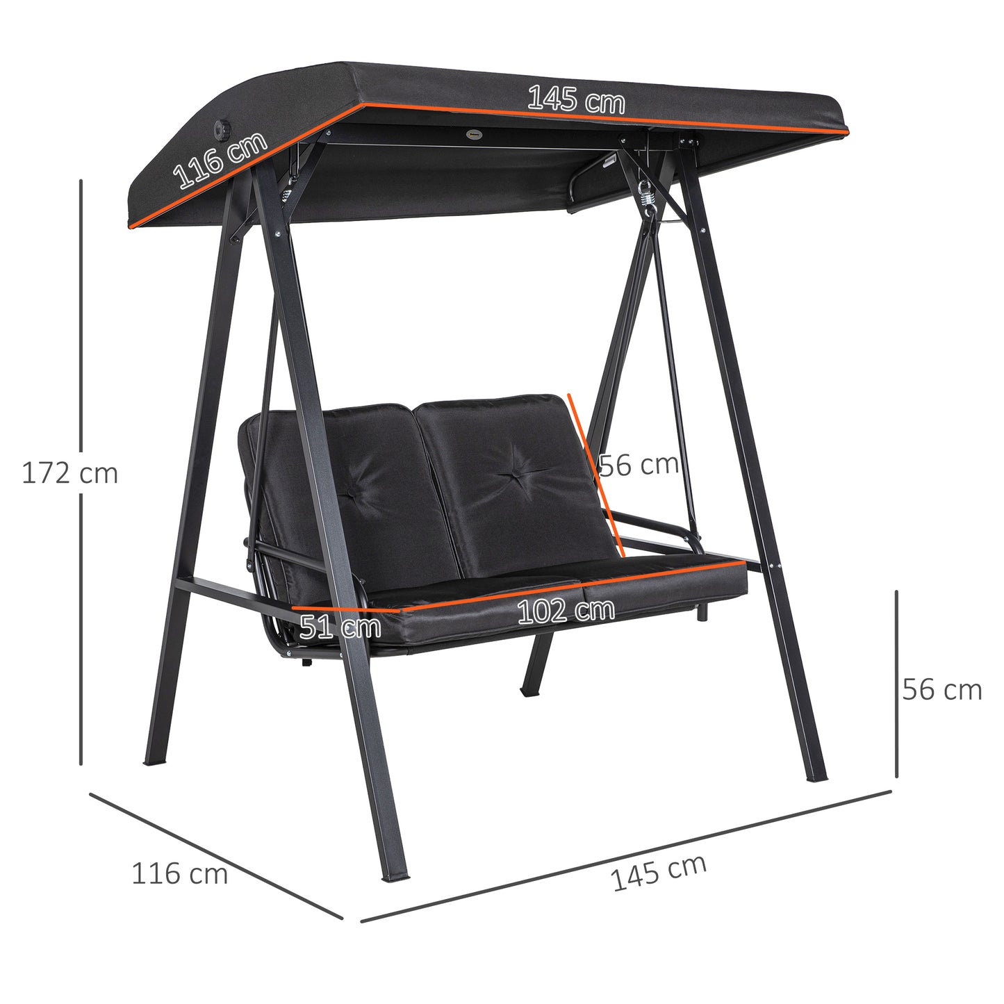 Outsunny Black Two-Seater Outdoor Swing Chair with Adjustable Canopy and Steel Frame for Patio Relaxation - ALL4U RETAILER LTD