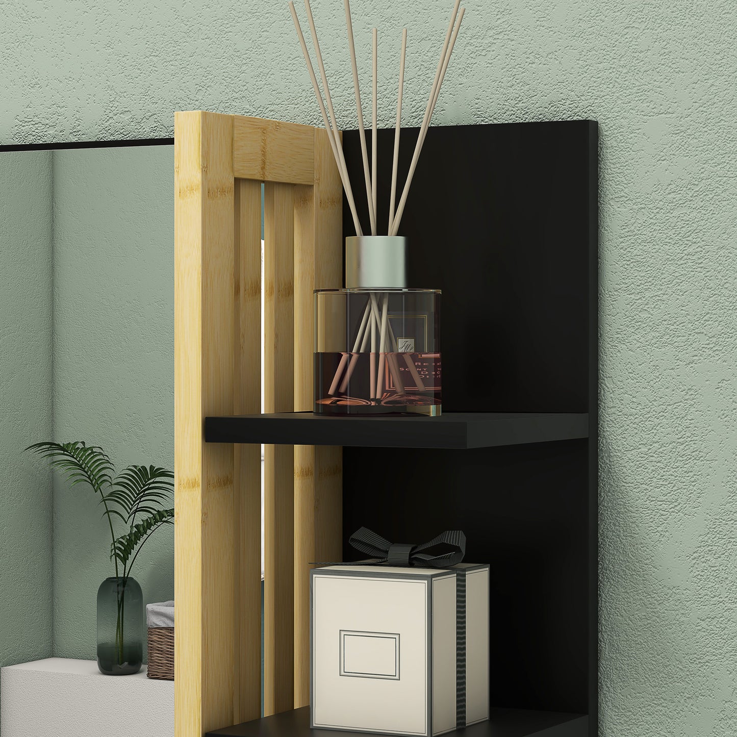 HOMCOM Bamboo Panel Bathroom Mirror With Four Shelves And Large Reflective Surface For Makeup And Toiletries Storage