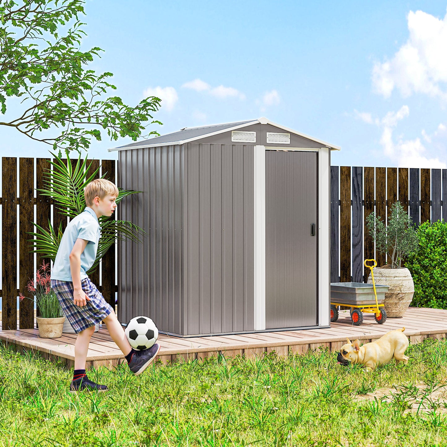 Outsunny Garden Metal Tool Storage Shed With Sliding Door Sloped Roof And Foundation Kit 152 By 132 By 188 Cm Grey