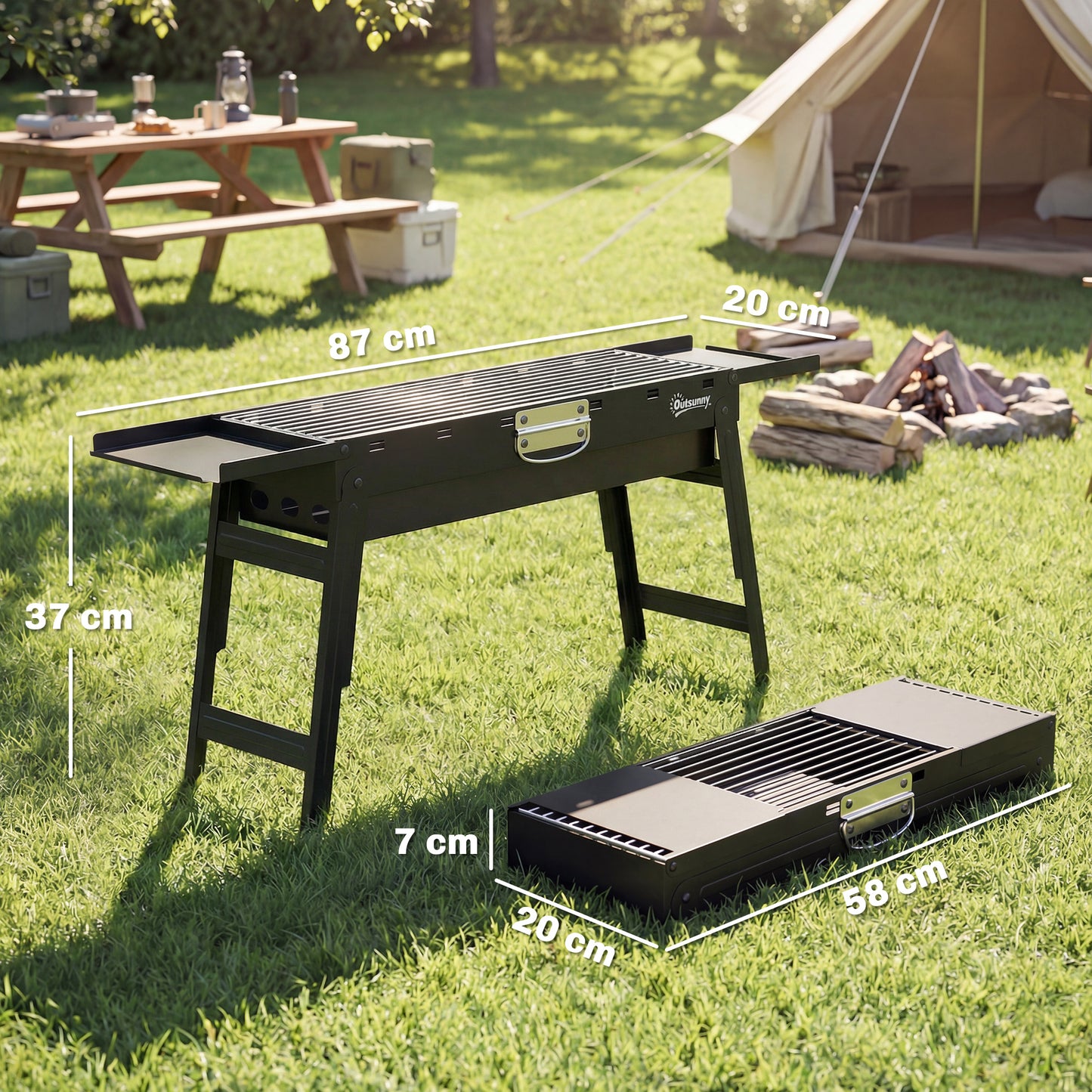 Outsunny Portable Charcoal BBQ Grill Foldable For Camping And Picnics With Two Side Shelves And Handle Black