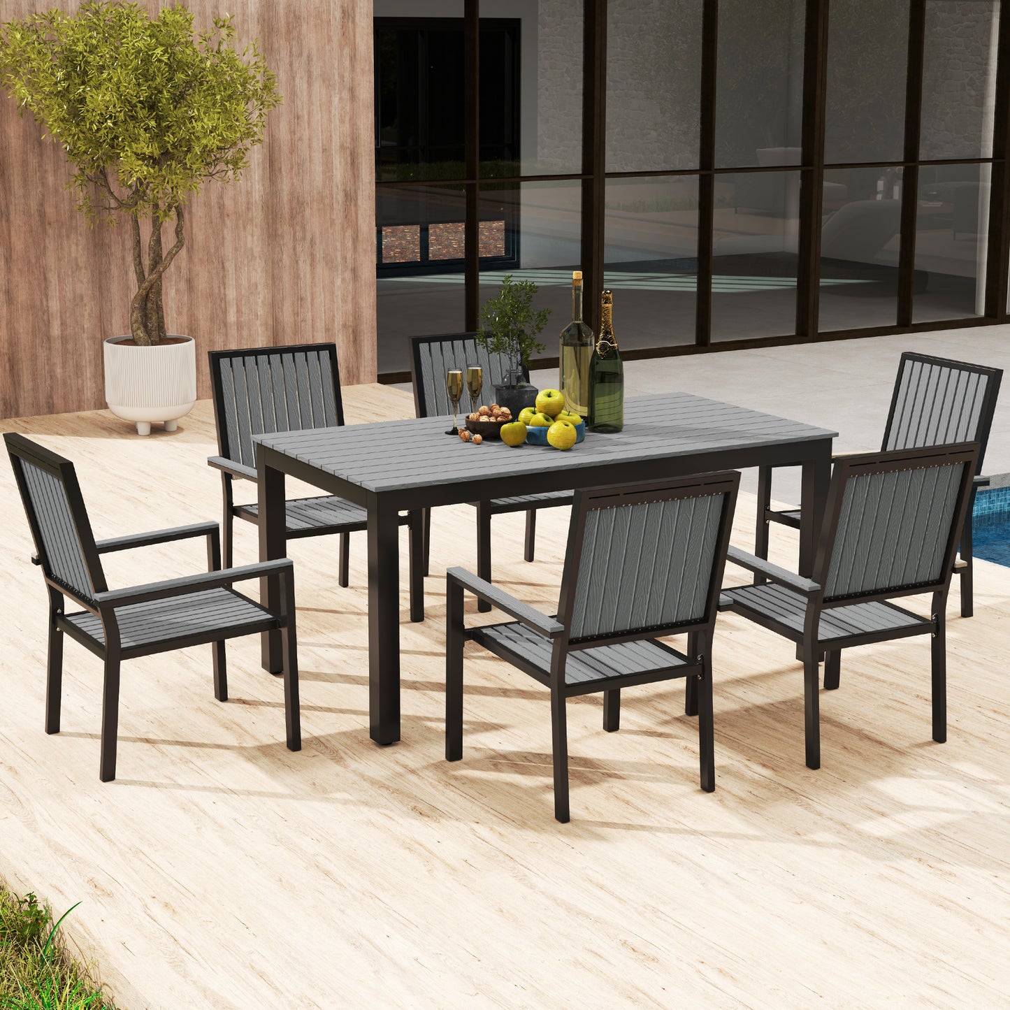 Outsunny 6 Seater Garden Dining Set With Stackable Chairs Aluminium Frame Rectangular Plastic Top Outdoor Patio Grey