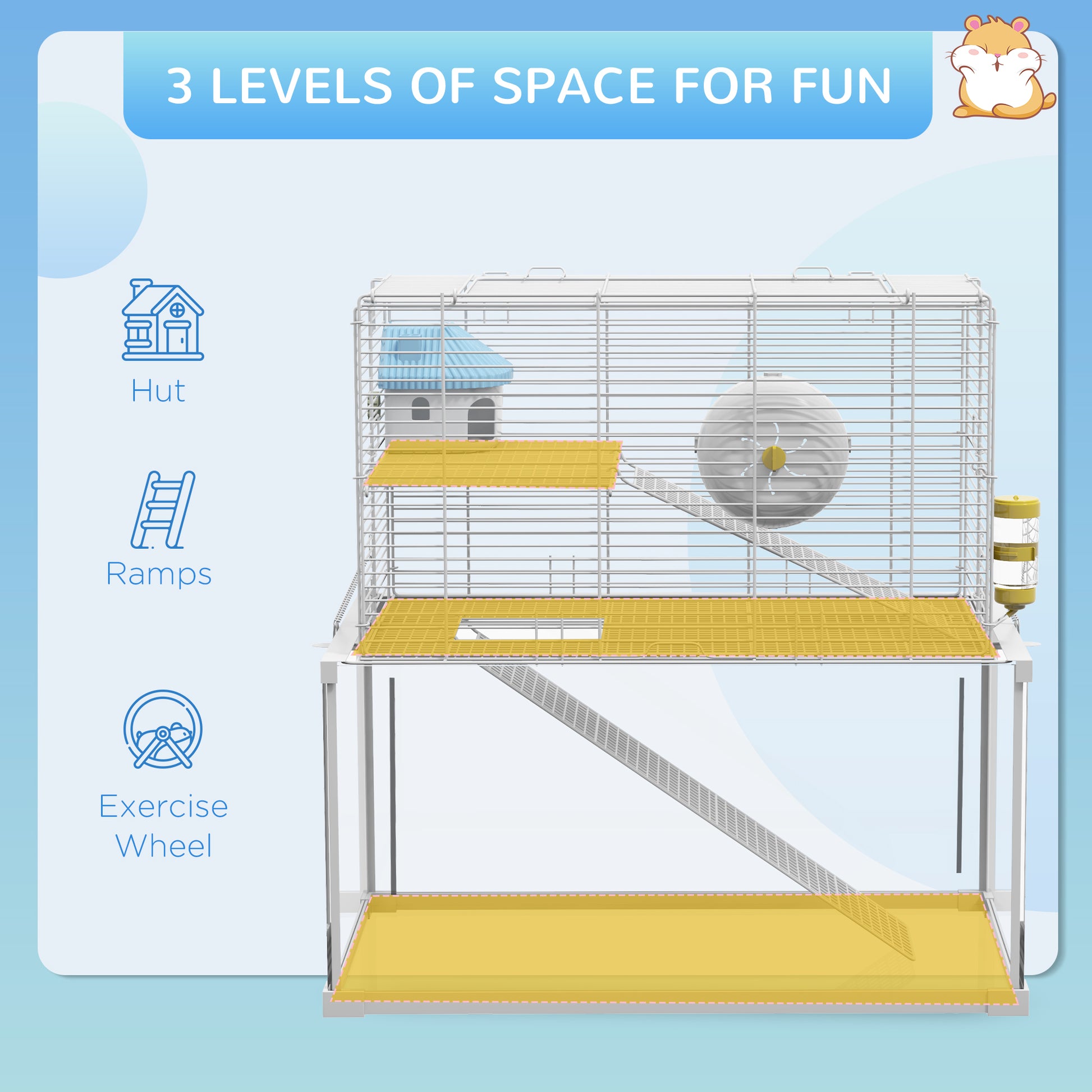 PawHut Three-Level White Gerbil and Dwarf Hamster Cage with Glass Base, Exercise Wheel, Ramp, and Hut - ALL4U RETAILER LTD