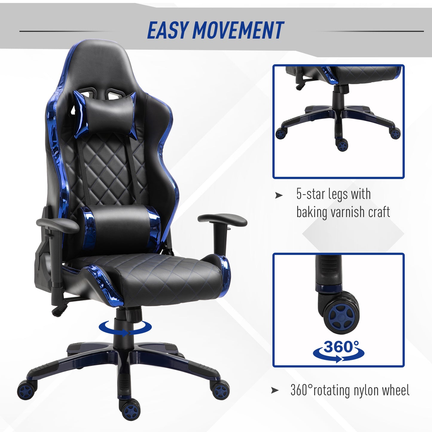 Vinsetto Black & Blue Holographic Gaming Chair - Ergonomic PU Leather Racing Seat with 360° Swivel, Adjustable Features, and Back Support Pillows - ALL4U RETAILER LTD