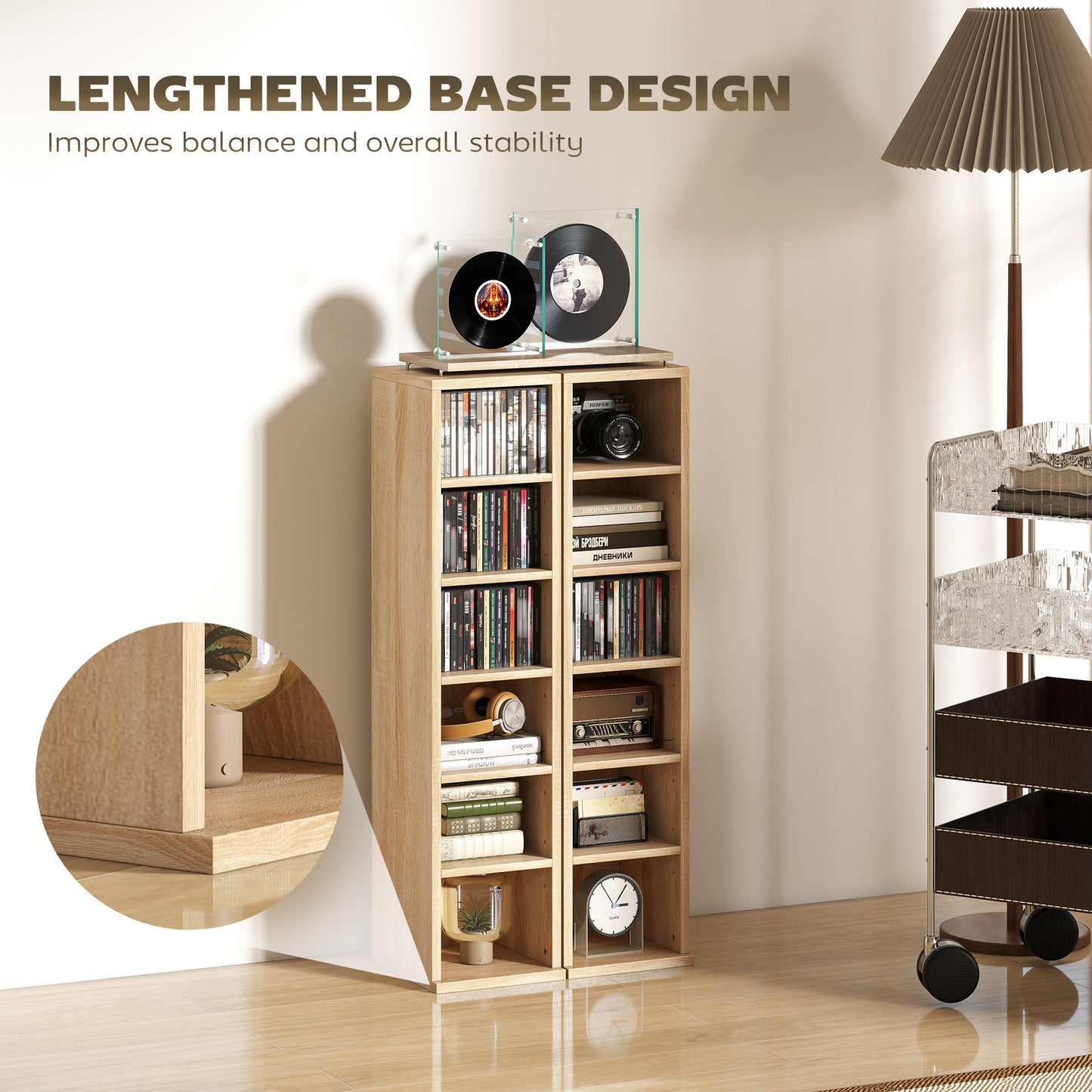 HOMCOM Set Of 2 CD Media Display Shelf Unit Tower Racks With Adjustable Shelves Oak Finish