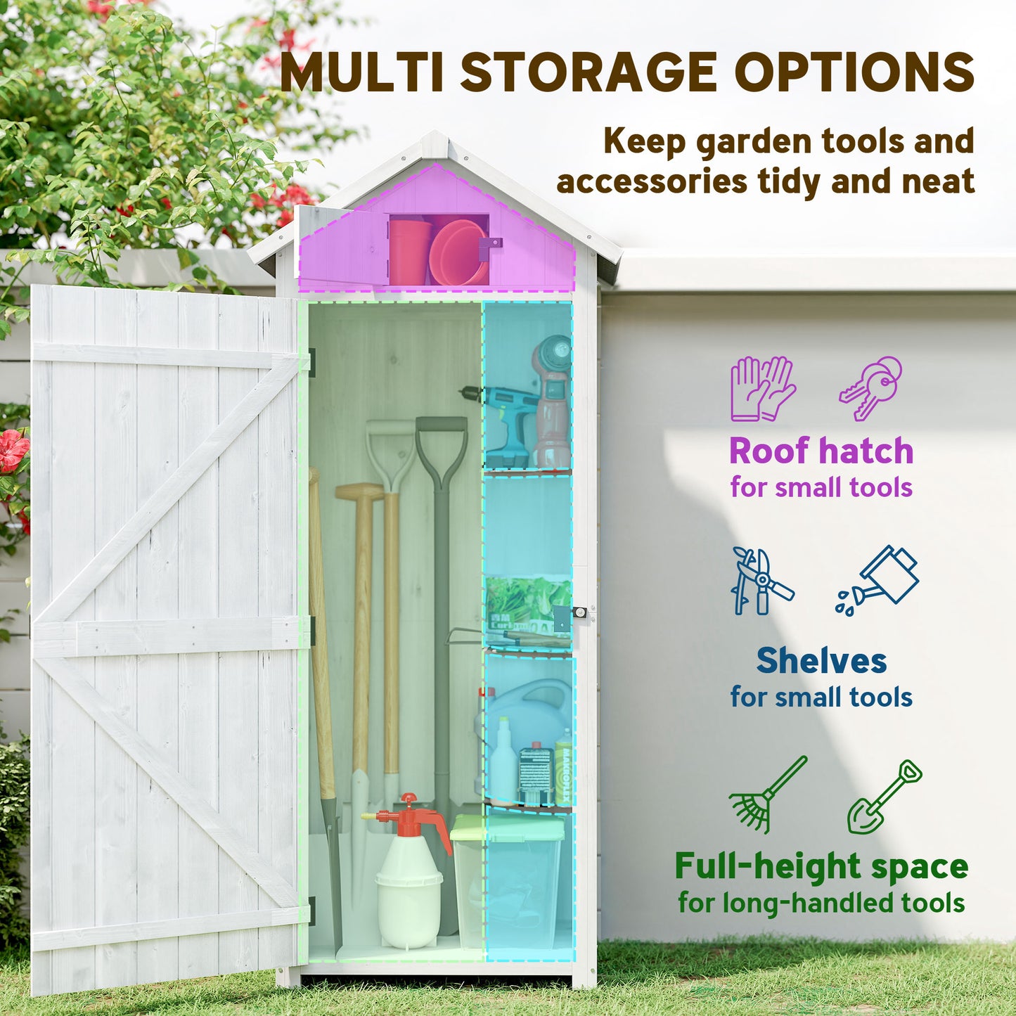 Outsunny Tall Slim Wooden Garden Shed With 3 Removable Shelves And Roof Hatch Outdoor Tool Storage Cabinet Light Grey