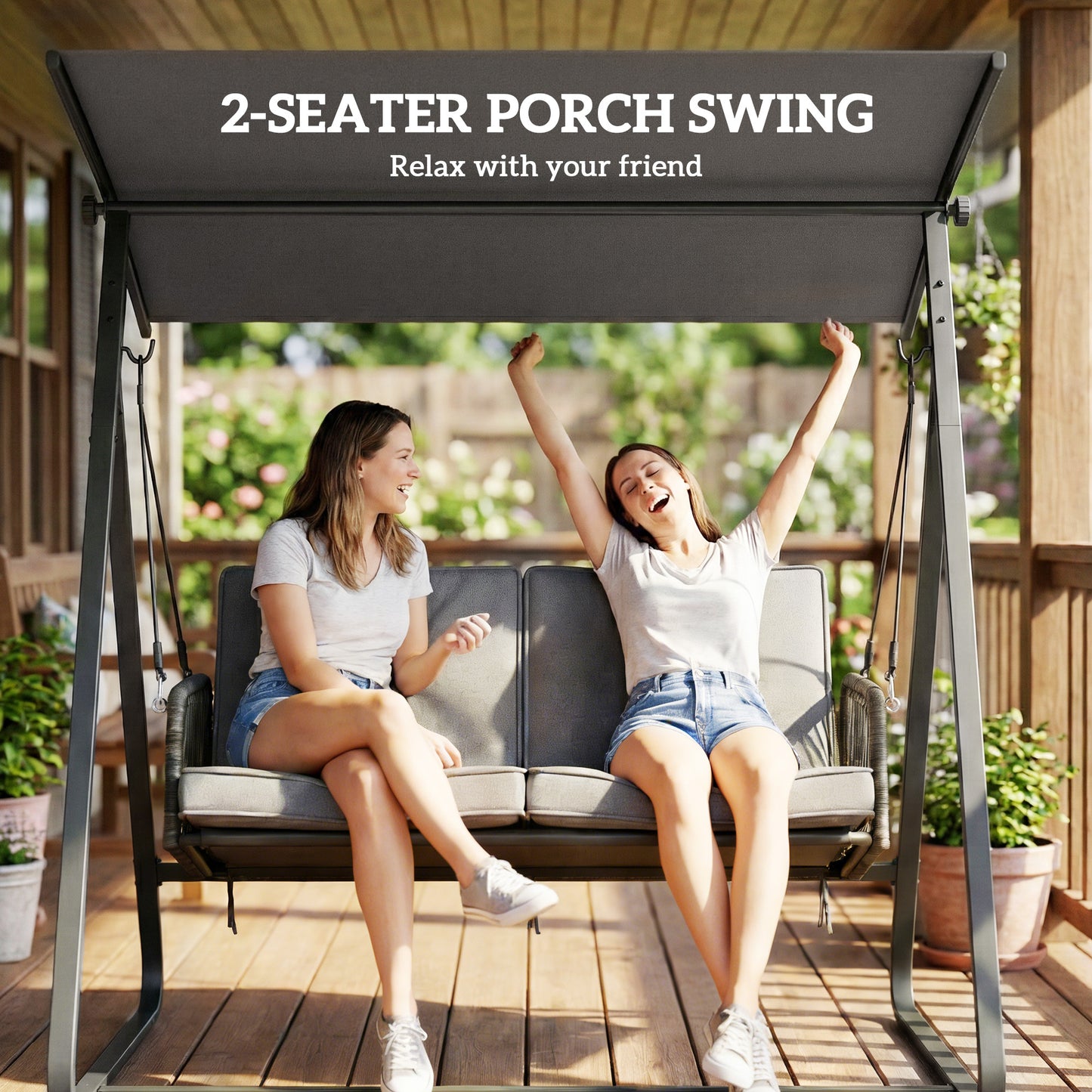 Outsunny 2-Seater Rattan Hanging Swing Chair For Outdoor Garden With Stand Adjustable Canopy And Cushions