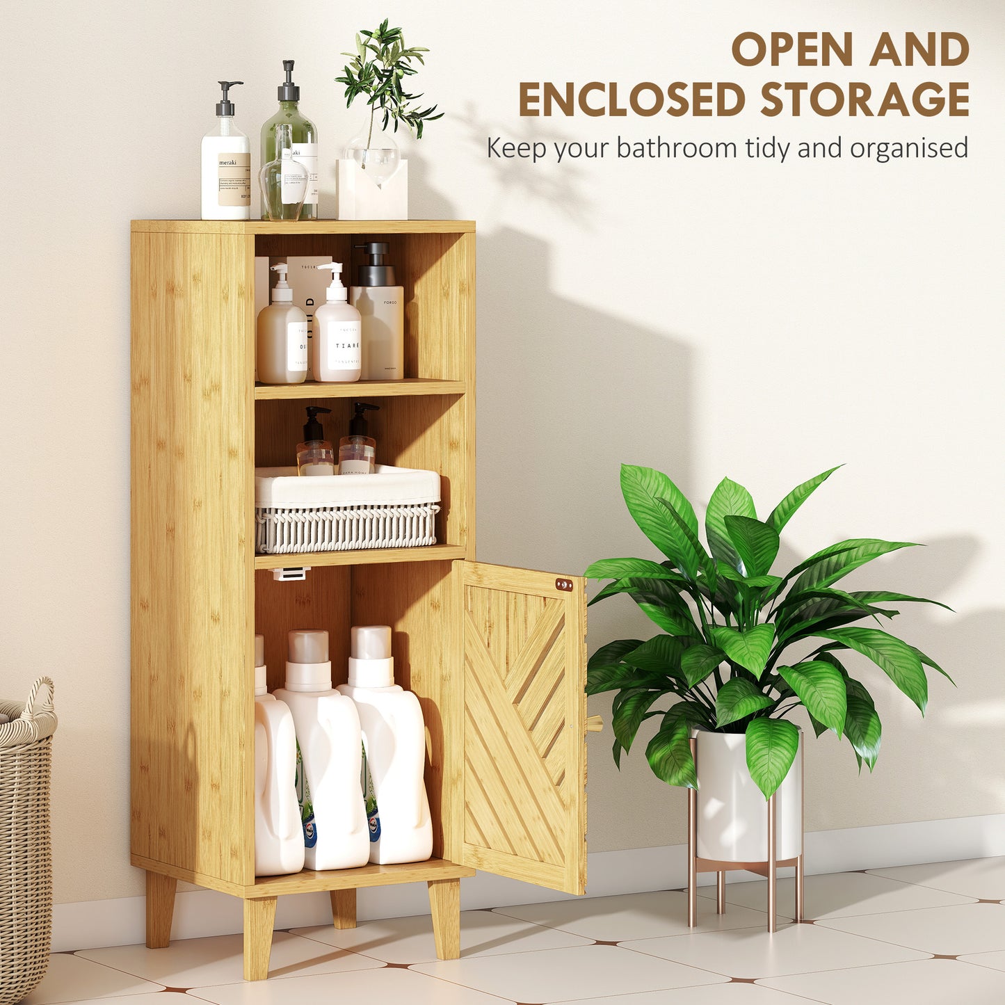 HOMCOM Slim Bathroom Cabinet With Bamboo Door And Legs Freestanding Storage Cupboard Compartments Natural Wood Finish