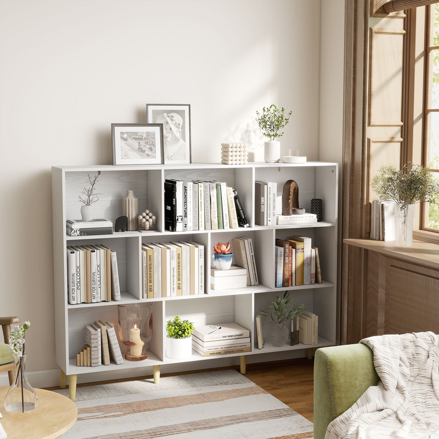 HOMCOM 10-Cube Bookcase with Solid Wood Legs, 140cm Modern 3-Tier Bookshelf, Anti-Tip Kit, White
