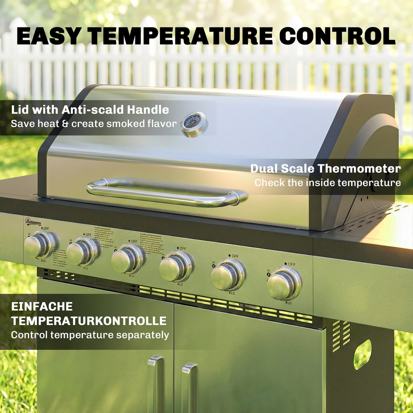 Outsunny 6 Burner Liquid Propane Gas Grill With Warming Rack Side Tables And Cabinet Outdoor Barbecue