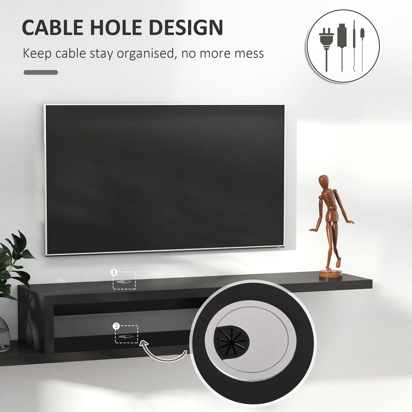 HOMCOM Floating TV Unit Wall Mounted with Open Shelf and 2 Cable Holes Black Entertainment Console for Living Room