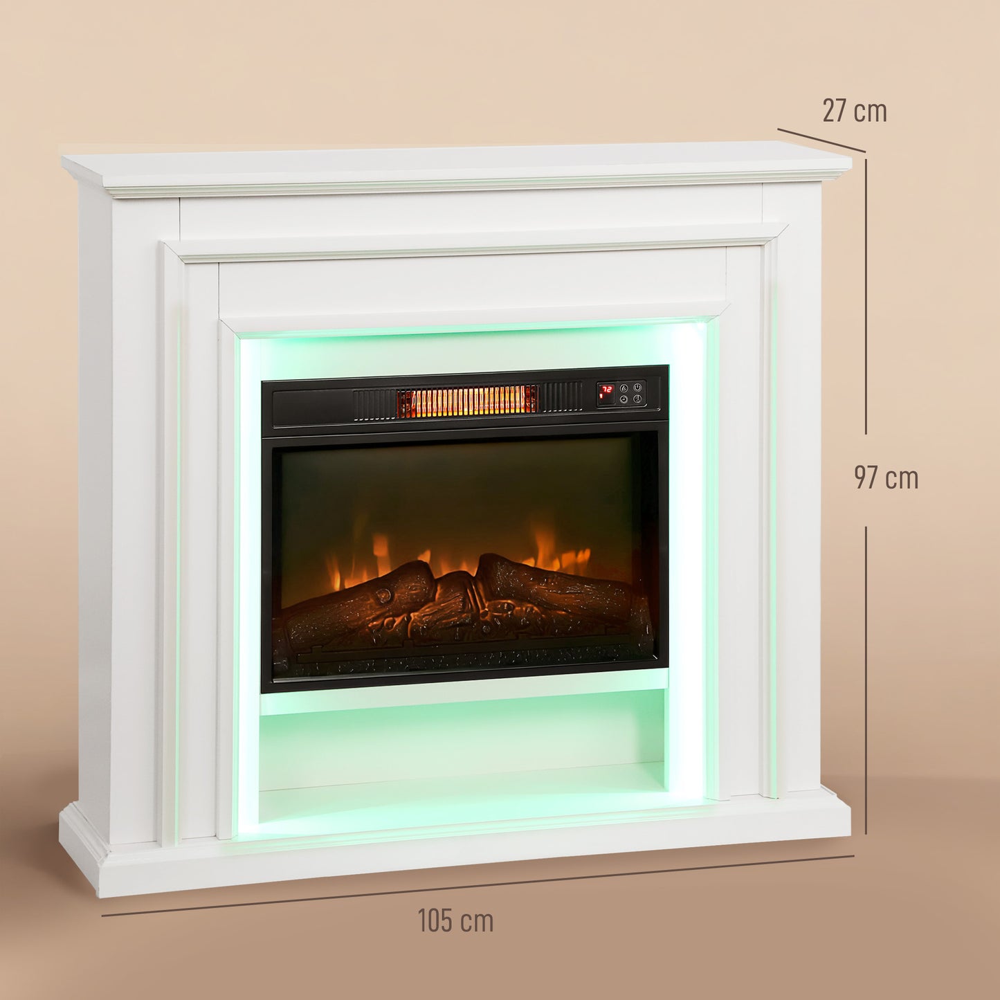 HOMCOM 4777 BTU Multicolour LED Electric Fireplace White Realistic Flame Effect Custom RGB Lighting Thermostat And Timer