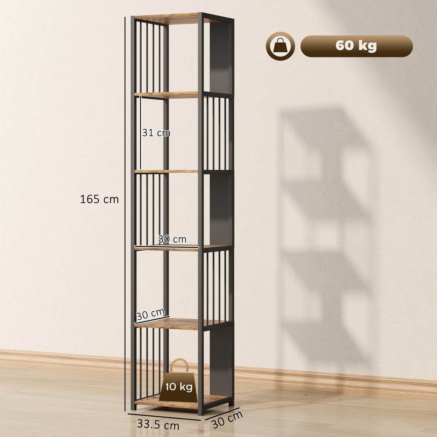 HOMCOM 5 Tier Bookshelf With Steel Frame Rustic Brown Wood Effect Five Open Shelves Anti Tip Straps 60 Kg Capacity