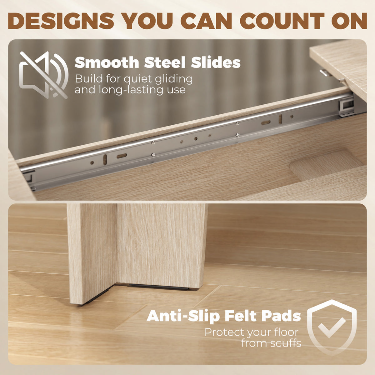 Extendable table base detail with smooth steel slides and anti-slip felt pads