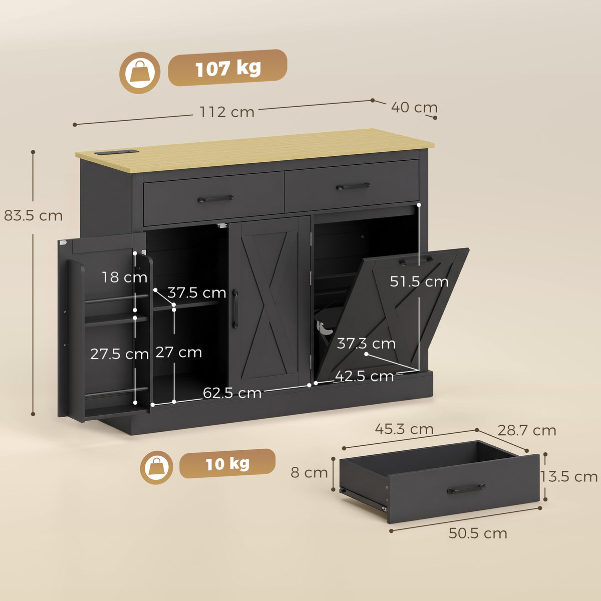 HOMCOM Tilt Out Trash Cabinet With Charging Station And 57 Liter Bin