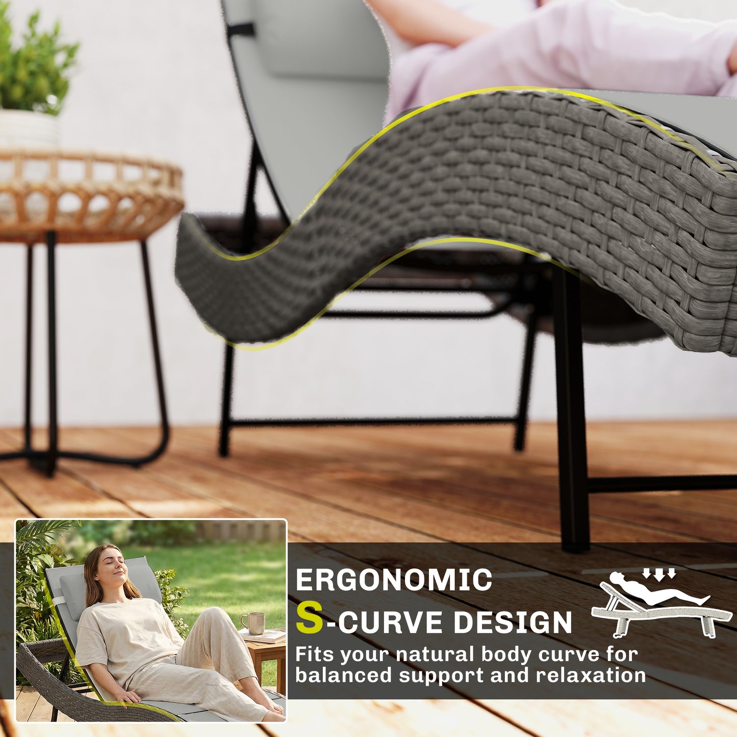 Outsunny Rattan Sun Lounger Garden Recliner With 5 Position Adjustable Back S Shaped Texteline Seat Headrest Light Grey