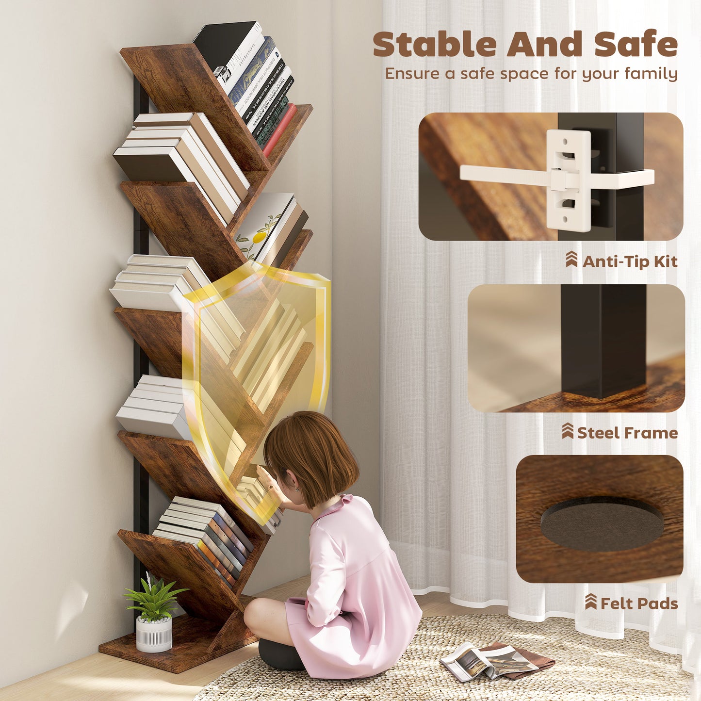 HOMCOM Eight-Section Tree Bookcase With Steel Frame In Wood-Effect Finish Multi-Tier Magazine And Book Storage Shelf