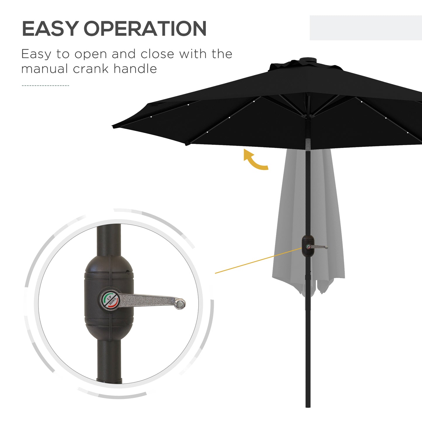 Outsunny 2.7m Black Patio Umbrella with Solar LED Lights and Tilt Function - ALL4U RETAILER LTD