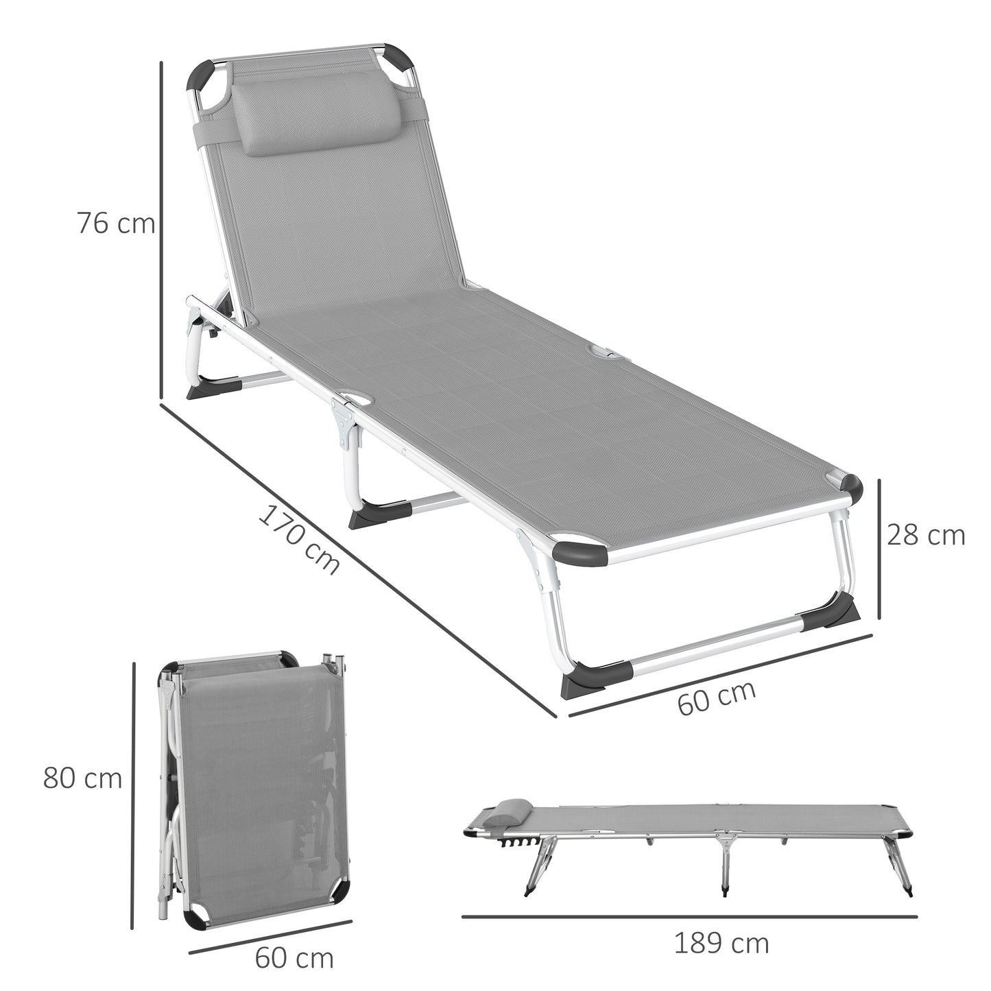 Outsunny Foldable Outdoor Sun Lounger Set Of 2 With Pillow 4 Level Adjustable Back Aluminium Frame Light Grey