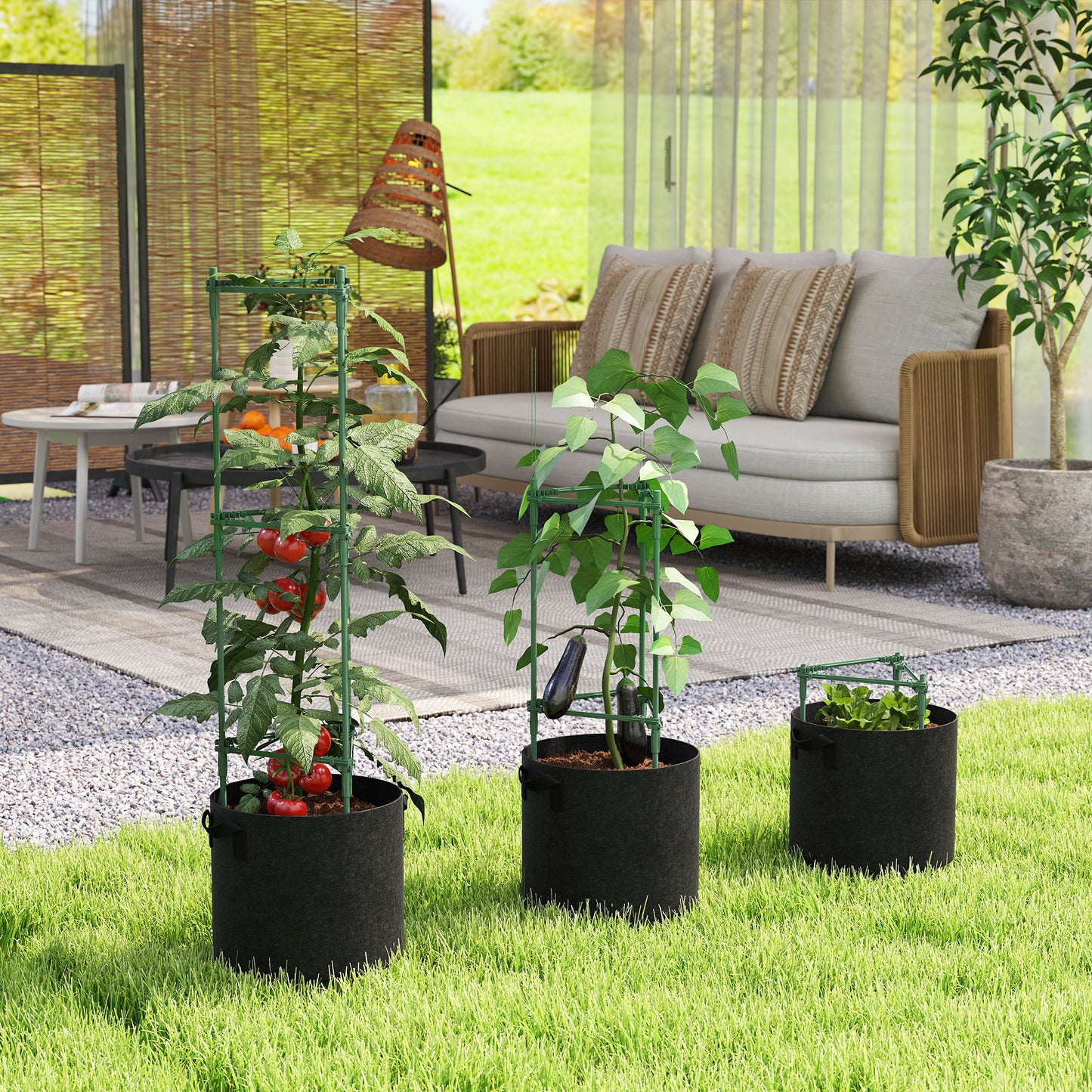 Outsunny 3 Pack Tomato Cages With 83.7L Grow Bags 120cm Adjustable Triangle Plant Stakes Trellis And Planter Bags