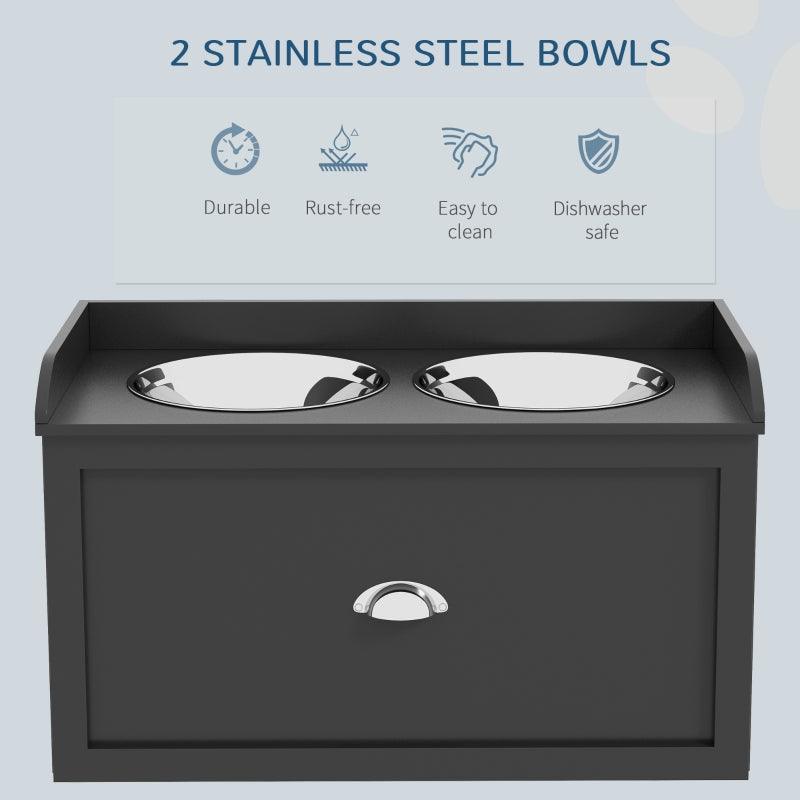 PawHut Stainless Steel Raised Dog Bowls with 21L Storage Drawer - Black | Elevated Feeding Station for Large Dogs and Cats - ALL4U RETAILER LTD