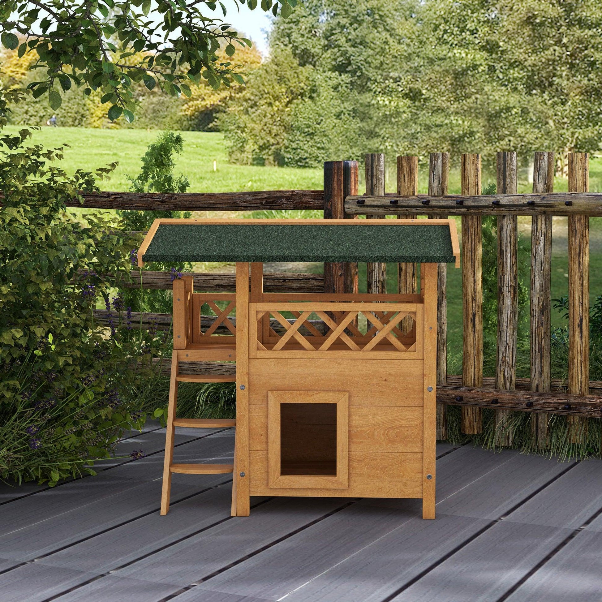 PawHut Outdoor Cat House w/ Balcony Stairs Roof, Natural Wood Finish - ALL4U RETAILER LTD