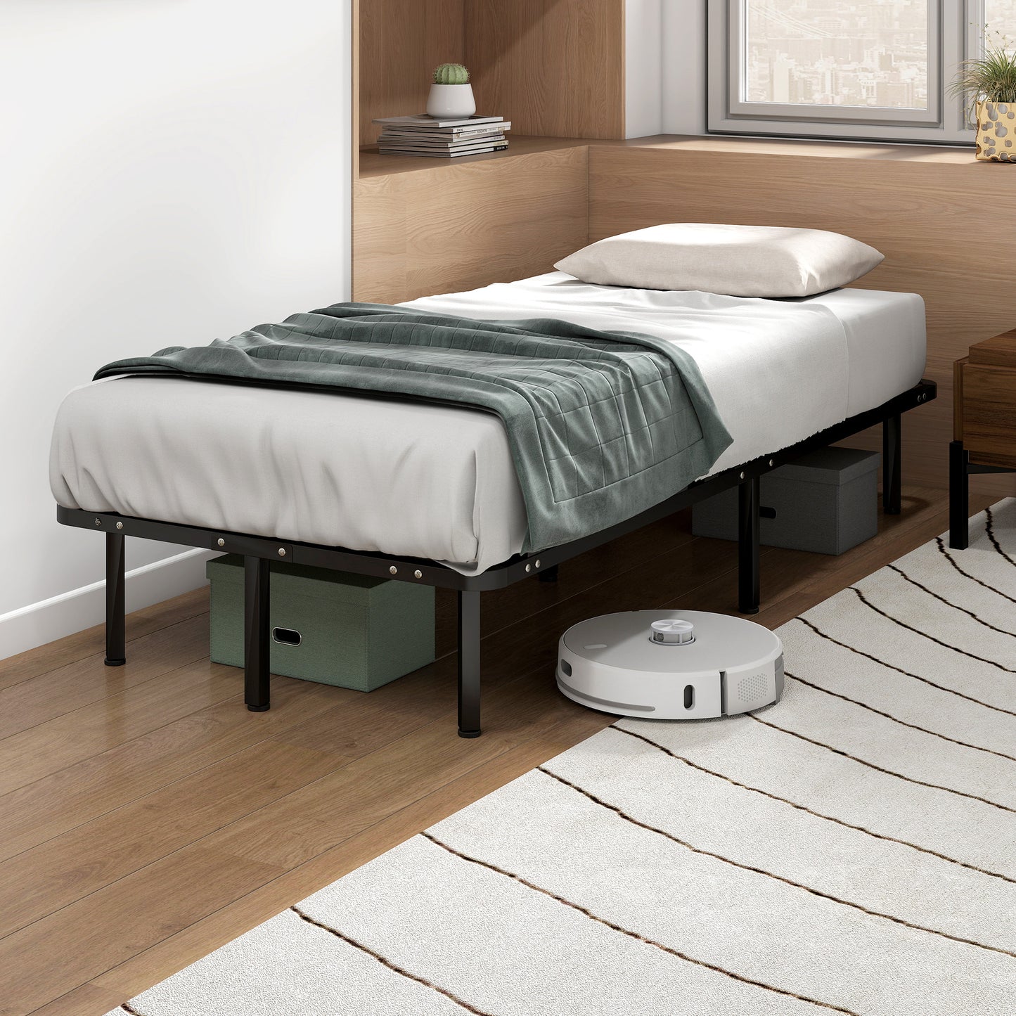 HOMCOM 3ft Single Metal Platform Bed Frame With 2 X 14 Wood Slats No Box Spring Needed Underbed Storage Black