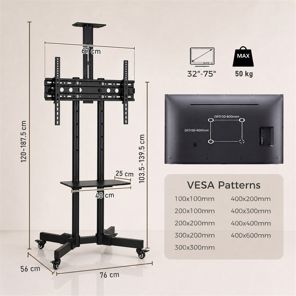HOMCOM Mobile TV Stand on Wheels for 32 to 75 Inch TVs Tilt Height Adjustable
