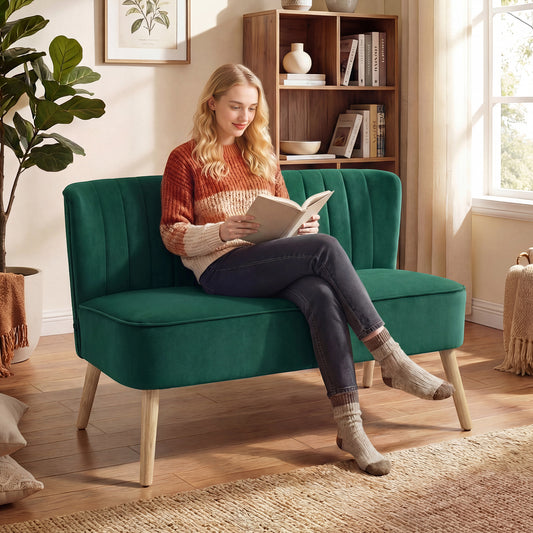 HOMCOM 46 Inch Upholstered Loveseat Sofa 2 Seat With Thick Padded Cushions And Rubber Wood Legs Dark Green