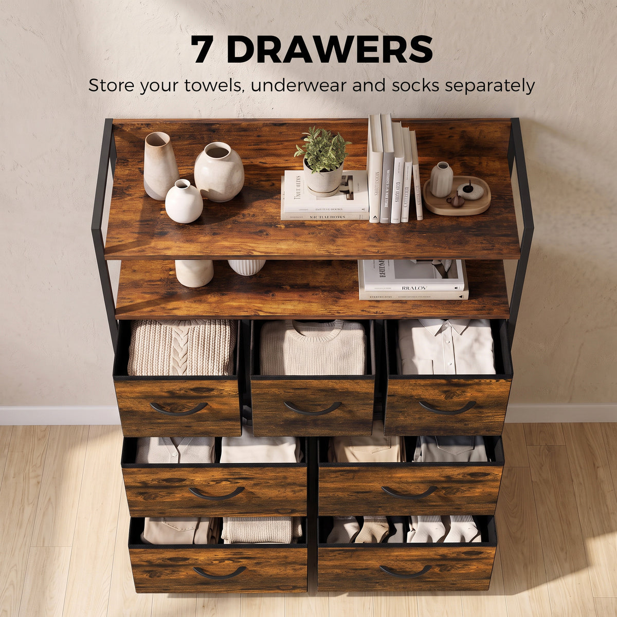 Rustic brown dresser with open top shelves and six visible drawers, metal sides