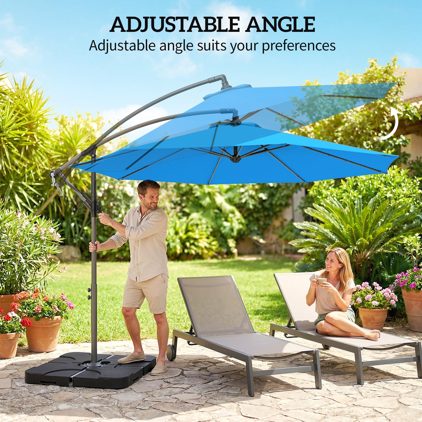 Outsunny 3m Overhanging Cantilever Parasol With Base Weights And Cover Blue For Outdoor Patio And Garden